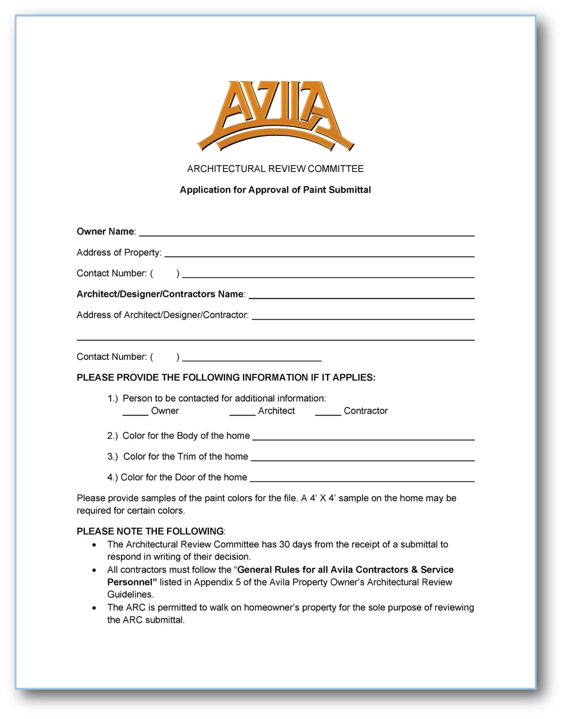 Avila Property Owners' Association Avila Paint Submittal